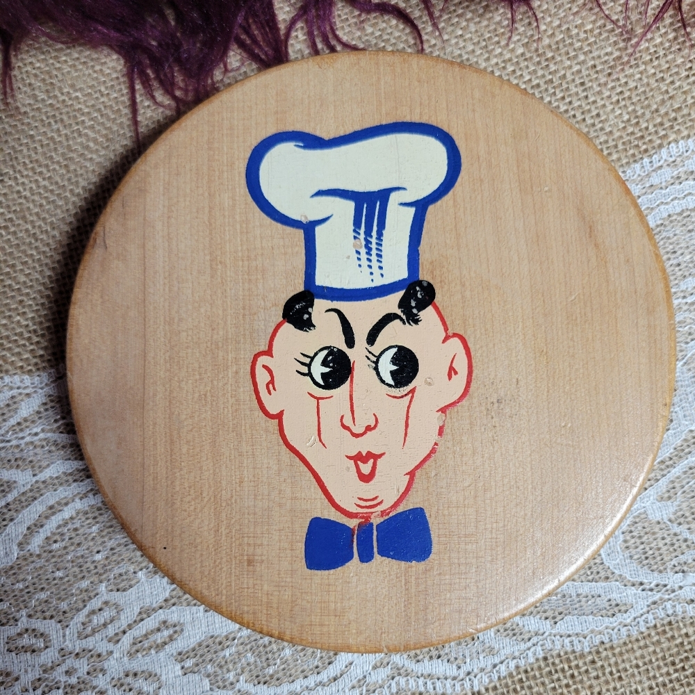 Vintage wooden hamburger press hand painted chef excellent vintage condit